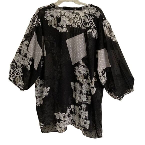 Avenue tie front floral flowy black & white polka dot tunic BoHo blouse 26 NEW - Picture 2 of 7